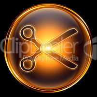 Scissors icon gold, isolated on black background