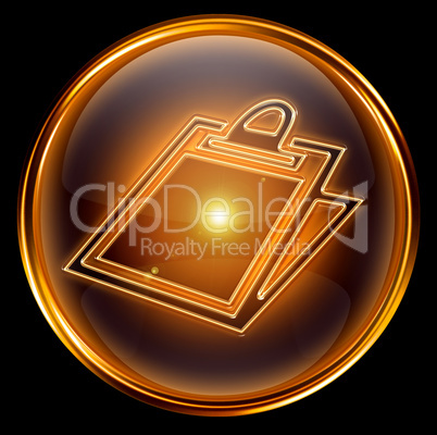 clipboard icon gold, isolated on black background