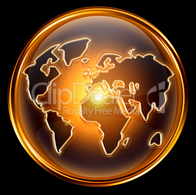 globe icon gold, isolated on black background