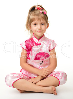 Cute little girl in pink ba ba shirt (Vietnamese)