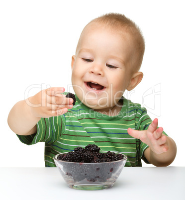 Cheerful little boy is eating blackberry