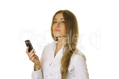 Business woman reading message on mobile phone