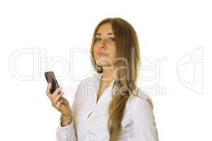 Business woman reading message on mobile phone