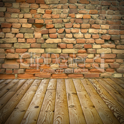 pine floor and brick wall
