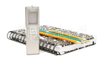 Dictaphone, notepad and ballpen