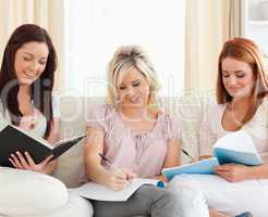 Smiling women studying together