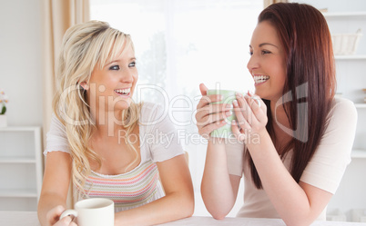 Laughing Women sitting at a table with cups