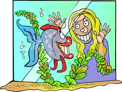 fish in tank and girl cartoon