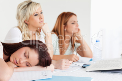 Bored university students one sleeping sitting at a table