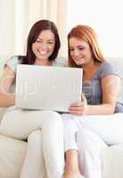 Cute young women sitting on a sofa with a laptop