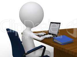 3D business man on his desk with laptop