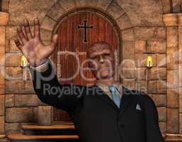 Dämonisch tätowierter Mann vor der Kirche