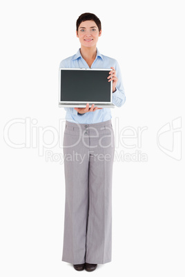 Woman showing a laptop