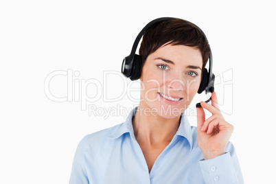 Close up of a secretary using a headset