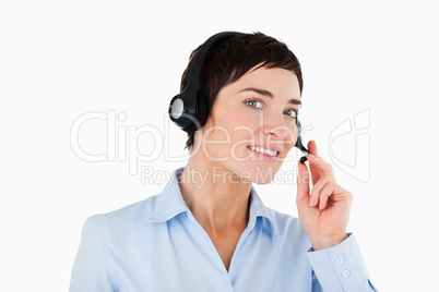 Close up of a female worker using a headset