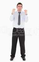 Cheerful businessman with the fists up