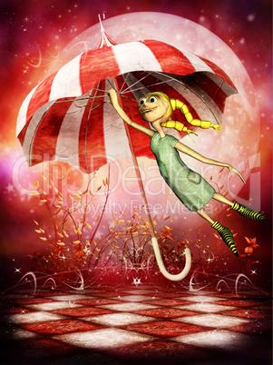 kleine Puppe fliegt mit einem Regenschirm