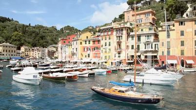 Town of Portofino and boats in port, Italy