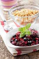 Nahaufnahme von Frühstückscerealien mit Obst und Joghurt