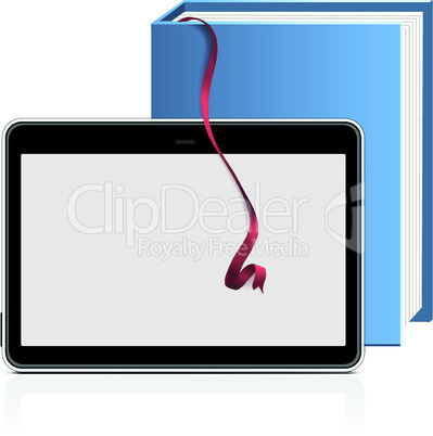 E-book reader with stack of books on white