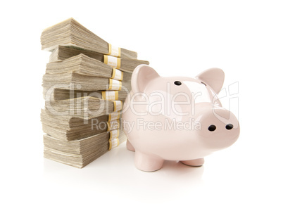 Pink Piggy Bank with Stacks of Money