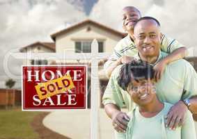 African American Family, House and Sold Sign