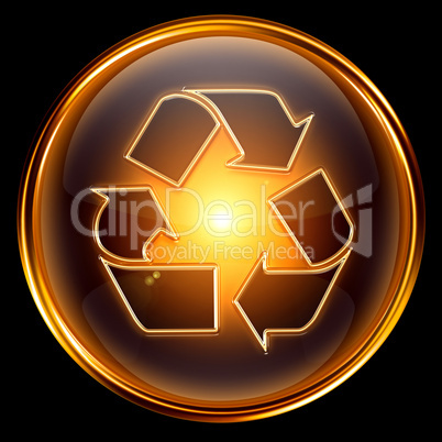 Recycling symbol icon gold, isolated on black background.
