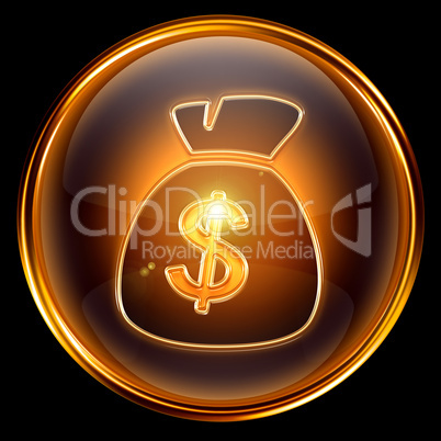 dollar icon golden, isolated on black background.