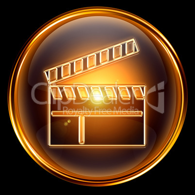 movie clapper board icon golden, isolated on black background.