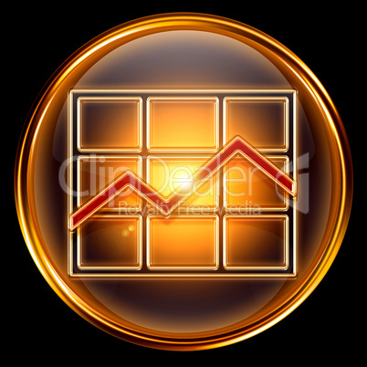Graph icon golden, isolated on black background