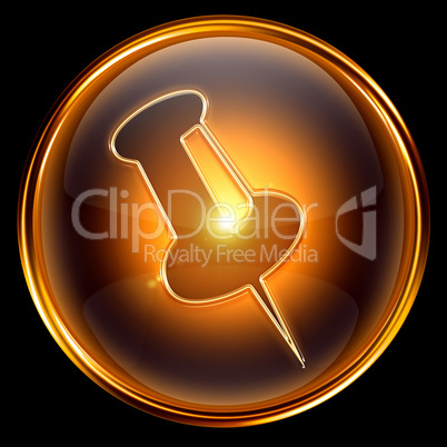 thumbtack icon golden, isolated on black background.