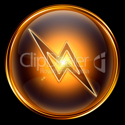 Lightning icon golden, isolated on black background.