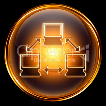Network icon golden, isolated on black background.