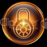 Lock closed icon gold, isolated on black background