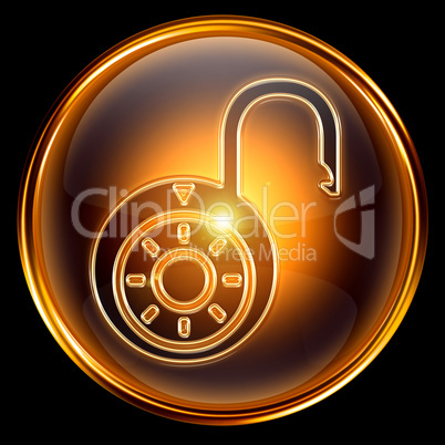 Lock open icon gold, isolated on black background