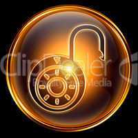 Lock open icon gold, isolated on black background
