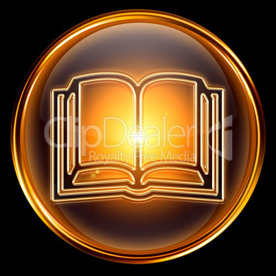 book icon golden, isolated on black background.