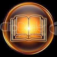 book icon golden, isolated on black background.