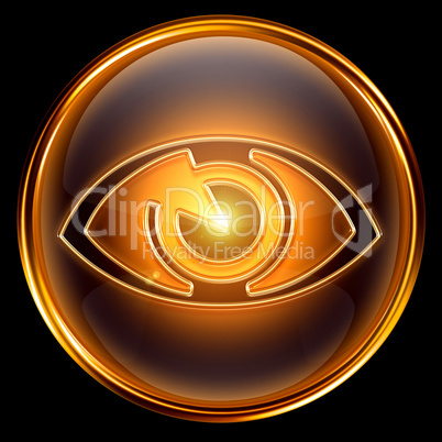 eye icon golden, isolated on black background.