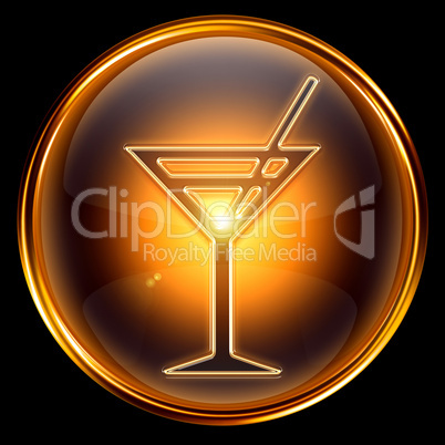 wine-glass icon golden, isolated on black background.