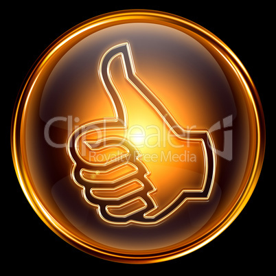 thumb up icon golden, isolated on black background