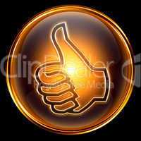 thumb up icon golden, isolated on black background
