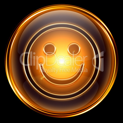Smile icon golden, isolated on black background