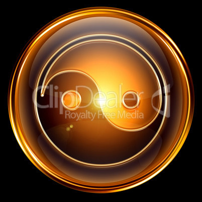 yin yang symbol icon golden, isolated on black background.