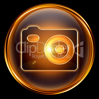 Camera icon golden, isolated on black background.
