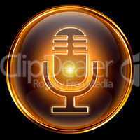 Microphone icon golden, isolated on black background.
