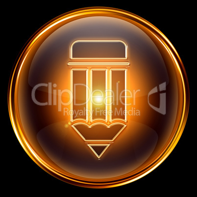 Pencil icon golden, isolated on black background