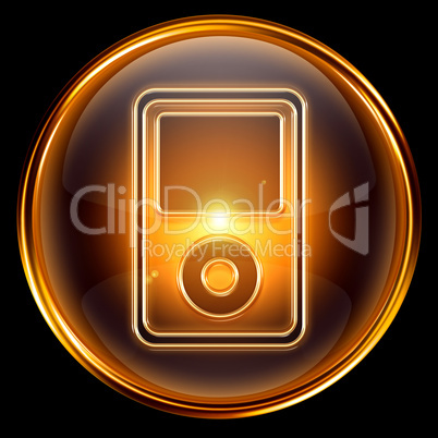 mp3 player golden, isolated on black background.