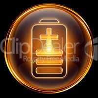 Battery icon golden, isolated on black background