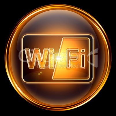 WI-FI icon golden, isolated on black background.